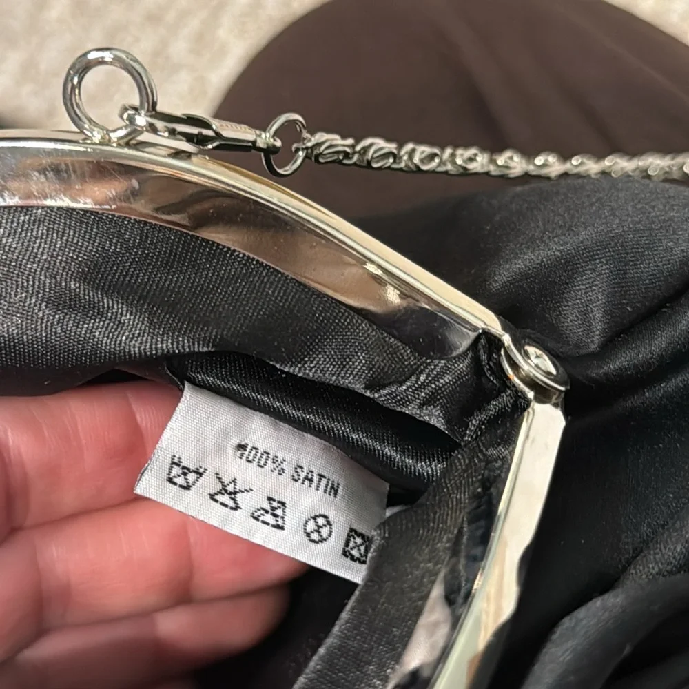 Black satin rosette purse with removable silver chain